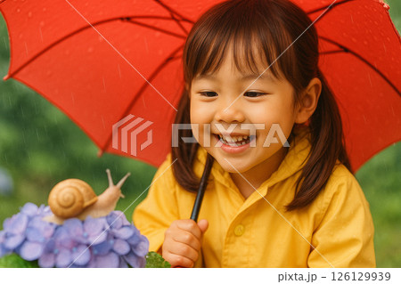 梅雨の時期、紫陽花のカタツムリに微笑む女の子 梅雨の時期、紫陽花のカタツムリに微笑む女の子 126129939