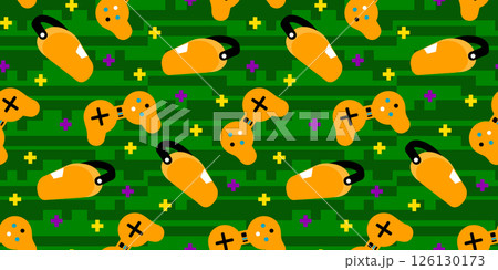 Video game controller, joystick and virtual reality glasses seamless pattern on pixel style green grass with small flower background graphic design. Flat style vector illustration 126130173