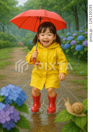 梅雨の時期、楽しそうに公園の水たまりにジャンプする女の子 126130195