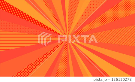 赤色のポップなサンバースト背景・水玉模様入り。ポップで明るい集中線背景・販促用テンプレート。 126130278
