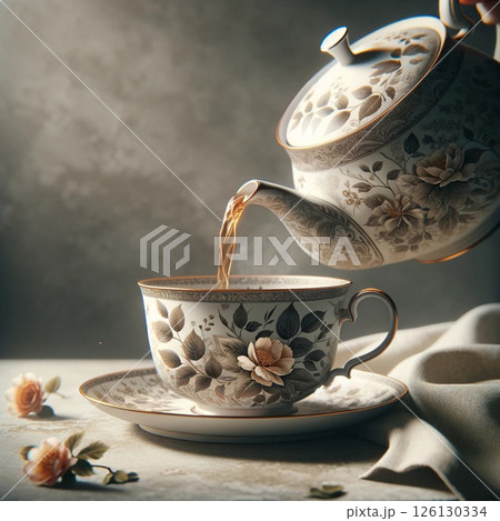 柔らかな光に包まれたヴィンテージ風のテーブルに紅茶を注ぐ、花柄の優雅なティーカップとティーポット 126130334