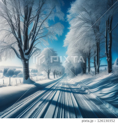 澄んだ青空の下、霧氷に包まれた木々が並ぶ雪に覆われた冬の道 126130352