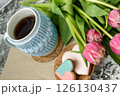 Pink tulips, an open book and a mug of freshly brewed coffee or tea. Spring set. Flatley layout 126130437