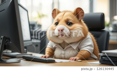 Curious Cartoon Hamster Working Diligently at Computer 126130445