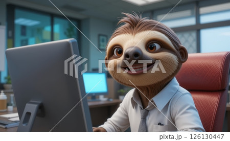 Cheerful Cartoon Sloth Working Happily at Computer 126130447