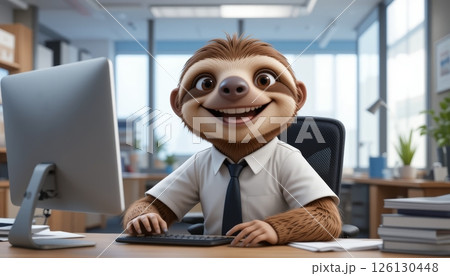 Joyful Cartoon Sloth Typing at Computer in Bright Office 126130448