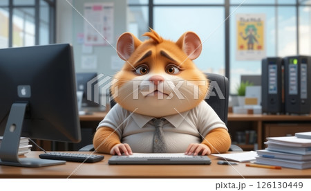 Disheartened Cartoon Hamster Overwhelmed by Office Work 126130449