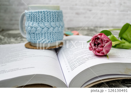 Pink tulips, an open book and a mug of freshly brewed coffee or tea. Spring set. Flatley layout 126130491
