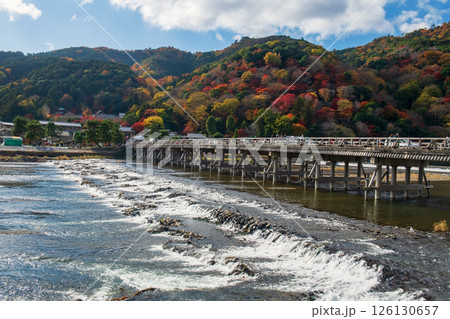 Togetsukyo bridge with autumn foliage colors, Arashiyama, Kyoto 126130657