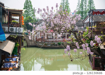 Restaurants along canal at Zhujiajiao water town in spring 126130686