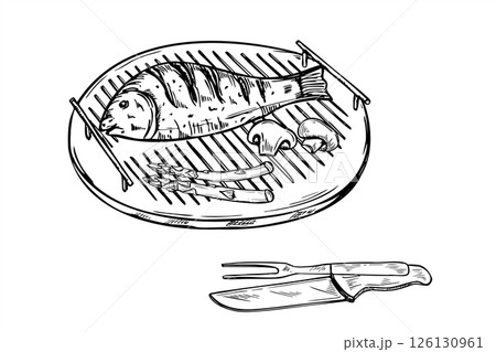 Whole grilled Mediterranean fish on round grill grid, grilling tools line art black ink sketch. Monochrome mullet or sea bream on wire rack, Kitchen accessory vector illustration. BBQ seafood. 126130961