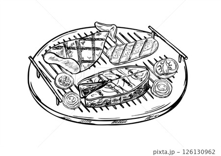 Grilled seafood and vegetables on round grill grid line art black ink sketch. Monochrome fish, squid, onion, tomato, zucchini on wire rack. BBQ vector illustration culinary blogs, restaurant menus 126130962