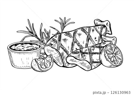 Grilled squid with sauce bowl, lemon slices and rosemary sprigs monochrome vector illustration. BBQ seafood with herbs for healthy restaurant menus, gourmet cookbooks, family holiday decor. 126130963