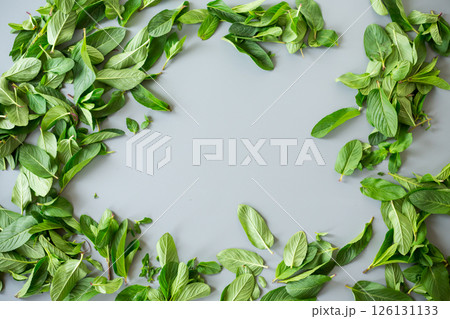 Green mint leaves close-up on stone background Green mint leaves close-up on stone background 126131133