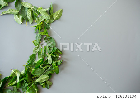 Green mint leaves close-up on stone background Green mint leaves close-up on stone background 126131134