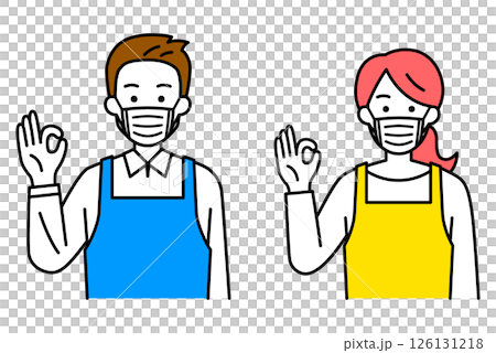 Set of men and women in aprons wearing masks and making OK signs Set of men and women in aprons wearing masks and making OK signs 126131218