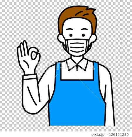 マスクをしてOKサインをするエプロン姿の男性 126131220