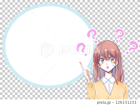 Woman with doubts, sweat, pointing, speech bubble 126131231