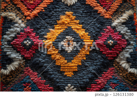 Handwoven rug texture with geometric print on a white background. Top view. 126131380