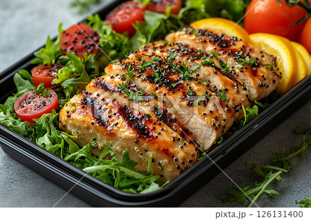 Packed office lunch box with quinoa salad, grilled chicken, mixed greens and fruit. Packed office lunch box with quinoa salad, grilled chicken, mixed greens and fruit. 126131400