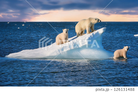 Generative AI Illustration Polar bear with little cubs 126131488
