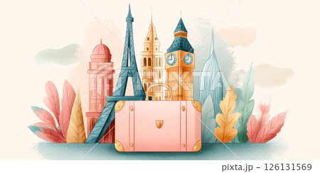 Colorful travel illustration featuring iconic landmarks and a stylish pink suitcase 126131569