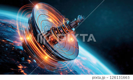 Futuristic data transmission hub with glowing digital rings above Earth surface for global communication and technology concept. 126131663