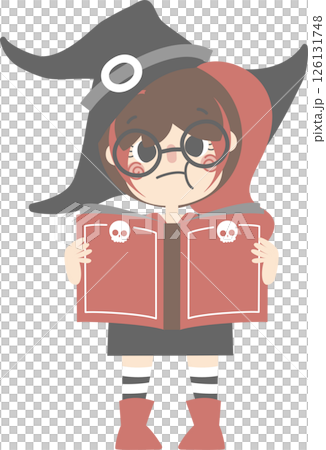 happy halloween holiday festival with girl wearing witch costume reading magic book, flat png illustration cartoon character design 126131748