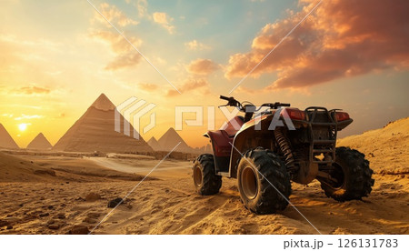 Exciting Atv Safari Through The Desert To Explore Pyramids, Sphinx, And Cairo In Egypt On Quad Bikes. Experience The Adventure! 126131783
