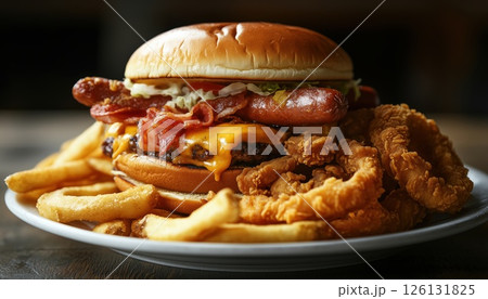 Symbolic Representation Of Overeating: A Fast Food Diet Featuring Onion Rings, Burgers, Hot Dogs, Fried Chicken, French Fries, And Pizza On A Greasy Plate. 126131825