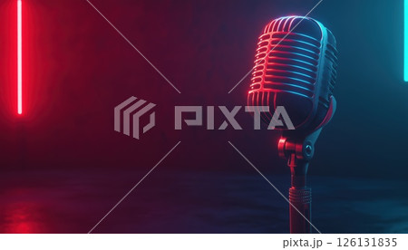 Studio Microphone Enhanced With Vibrant Red And Blue Neon Lights, Featuring Ample Space For Customized Rendering 126131835