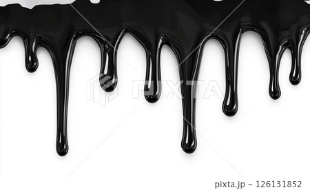 Realistic Dripping Black Liquid Pattern: Repeatable Fluid Paint On White. Halloween Or Black Friday Theme For Horizontal Border Design. Seamless And Oozing Effect. 126131852