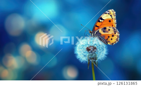Gorgeous Gentle Butterfly On A Fresh Blue Close-Up Macro Of A Dandelion Flower In Spring With A Beautiful Blurred Background. Dreamy And Romantic Artistic Image. 126131865