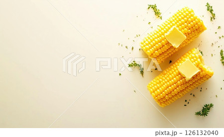 Delicious Boiled Corn With Butter And Herbs On A White Kitchen Table Delicious Boiled Corn With Butter And Herbs On A White Kitchen Table 126132040
