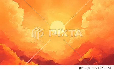 Sunny Summer Sky With Orange Hue And Fluffy Clouds In The Hot Weather 126132078