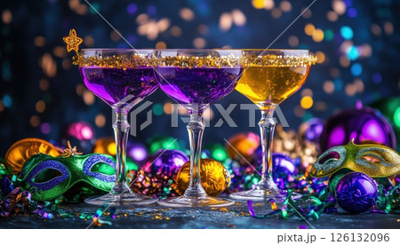 Mardi Gras Inspired Cocktail Glasses For A Festive Party Atmosphere With Carnival Decor And 126132096
