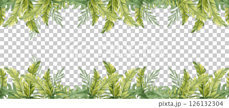 Watercolor horizontal square Frame from Tropical Leaves, banner. Eucalyptus, Monstera and Banana Palm with Liana. Hand drawn botanical jungle illustration on a white background. Ideal for greeting 126132304