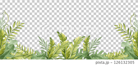 Tropical Leaves watercolor horizontal square Frame, banner. Eucalyptus, Monstera and Banana Palm with Liana. Hand drawn botanical illustration on a white background. Ideal for greeting cards and 126132305