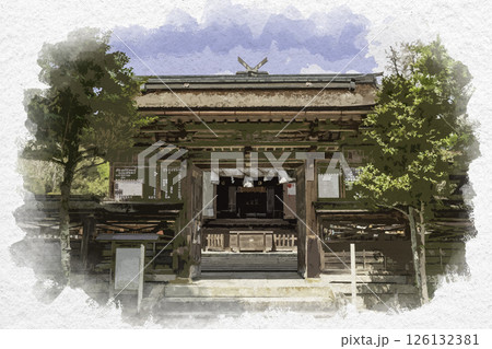 水彩画風　中山神社　拝殿と中門　岡山県津山市 126132381