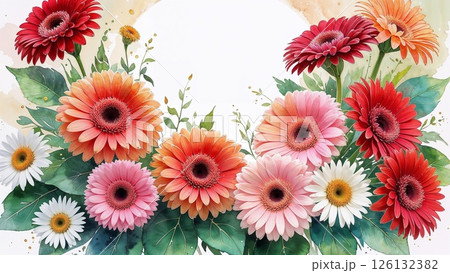 Beautiful romantic gerberas and daisies with circle blank frame design template 126132382