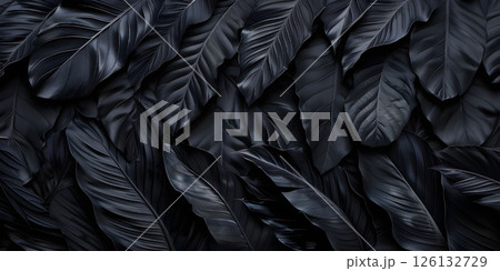 Tropical Leaf Background: Abstract Black Foliage, Dark Tropical Foliage: Abstract Leaves Background - Ai Generated 126132729