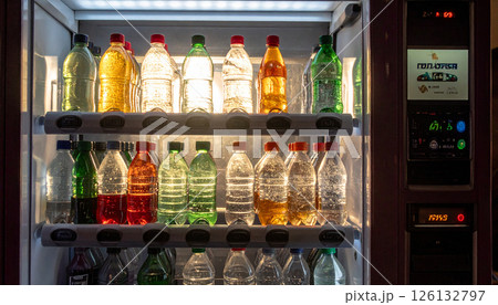 Backlit vending machine filled with reusable bottles  126132797
