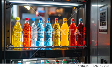 Backlit vending machine filled with reusable bottles  126132798