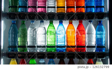 Backlit vending machine filled with reusable bottles  126132799