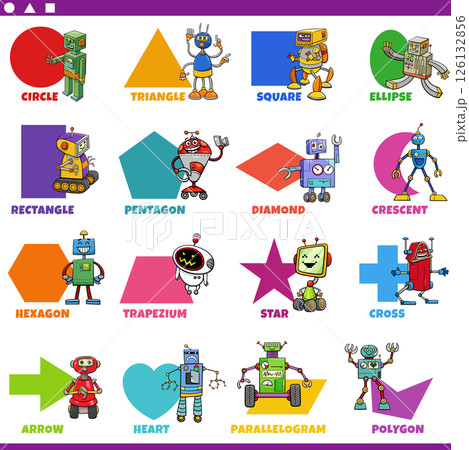 basic geometric shapes with cartoon robot characters set basic geometric shapes with cartoon robot characters set 126132856