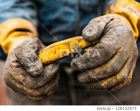 Dirty work gloves holding yellow folding knife, showing rough texture and signs of heavy use in close up shot Dirty work gloves holding yellow folding knife, showing rough texture and signs of heavy use in close up shot 126132873