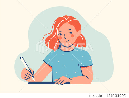 Young female illustrator creating digital art with a stylus. Concept of creativity, digital painting, art education, or creative professions 126133005