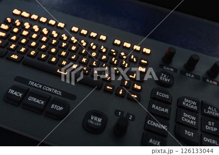 Marine navigation simulator. Close-up of an advanced control panel 126133044