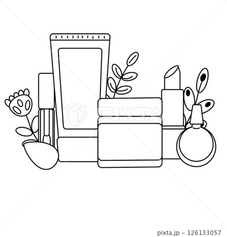 Makeup Cosmetic Product composition. Vector graphic line illustration. Black and white cute cosmetic makeup art. Banner, poster, wrapping paper, sticker, print, modern textile design. 126133057