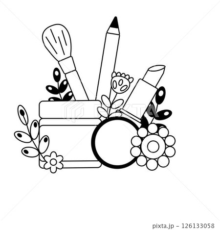 Cosmetics and brushes. composition. Vector graphic line illustration. Black and white cute cosmetic makeup art. For poster, flyer, banner, invitation, social media, party or sale 126133058